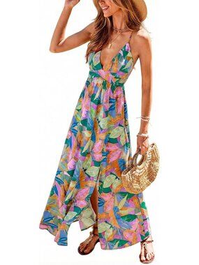 Women's Multicolor V Summer Dress Floral Paisley Backless Spaghetti Strap Side